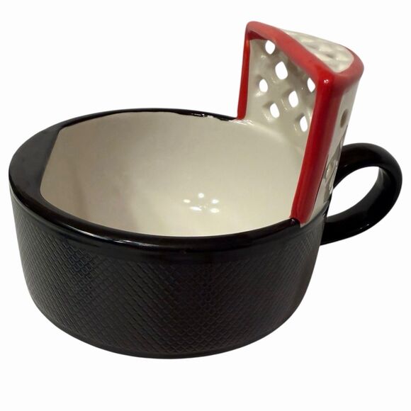 Hockey Puck Soup Bowl 16 oz Ceramic Goal Net Black Red Textured Novelty Gift 🏒 - Picture 3 of 10